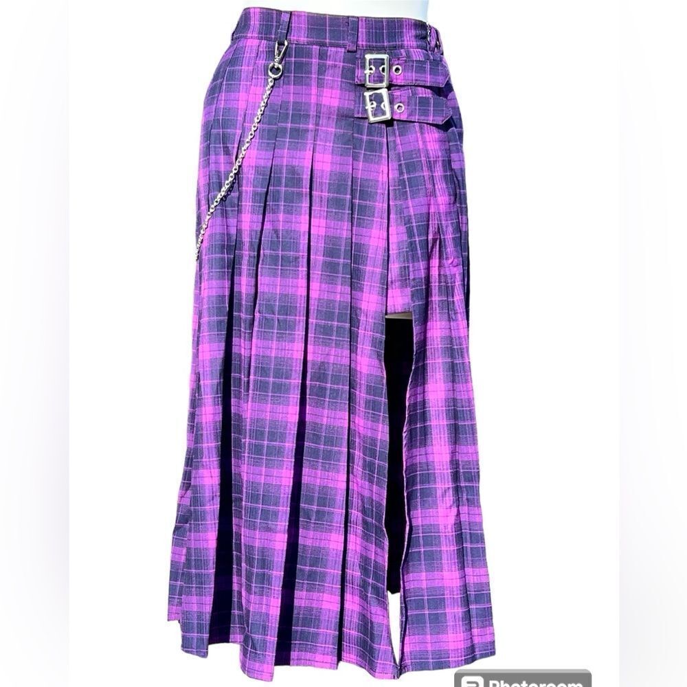 Listen Flavor Purple Checkered Pleated Midi Skirt With Chain Detail